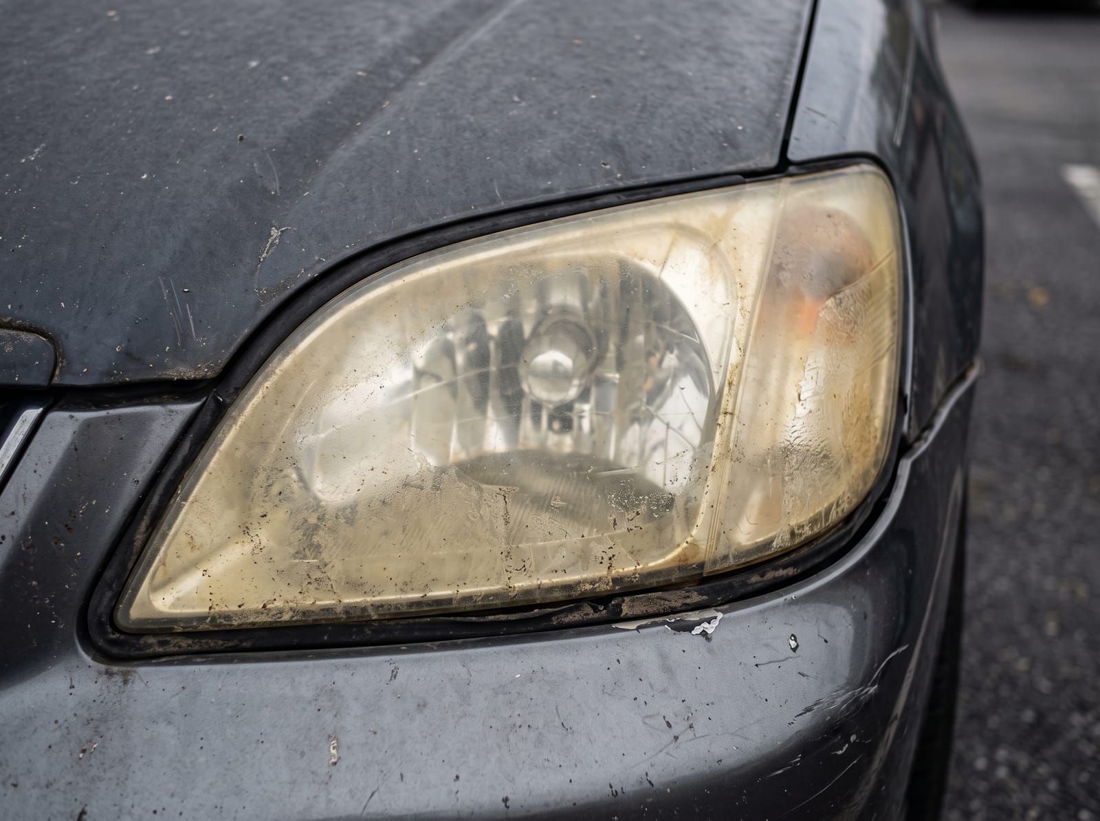 Lampu depan mobil dengan mika polikarbonat menguning dan berkabut, reflektor nyaris tak terlihat