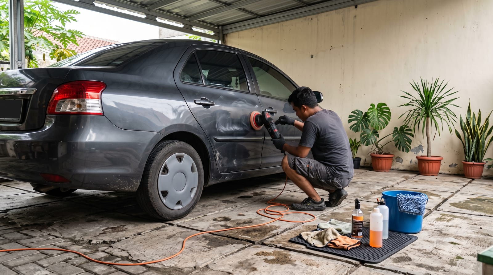 Teknisi memoles bodi mobil di carport rumah, kabel dan peralatan kerja tergelar di lantai